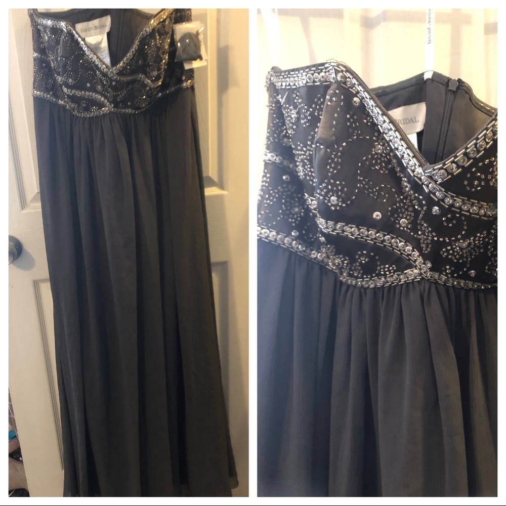 NWT! David’s Bridal silver beaded maxi dress size 14.